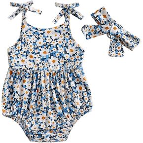 Newborn Baby Girl Summer Strap Bodysuit Print One Piece Suspender Romper Cotton Polyester Jumpsuit with Headband