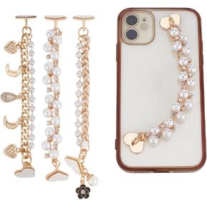 WADORN 3Pcs Beaded Cell Phone Chain Charms, Pearl Phone Chain Decoration Lanyard Heart Moon Beaded Phone Charm Strap Crystal Rhinestone Diamond Gold Chain Universal Mobile Phone Finger Strap for Women