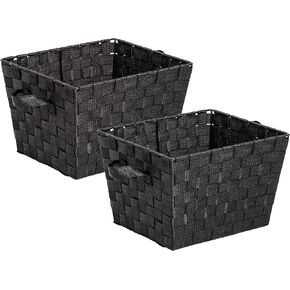 Two Woven Storage Baskets with Handles, Tote Decorative Storage Basket Organization Closet Bedroom Bathroom Nursery Accessories Toys Gifts 2 Pack Stackable Black