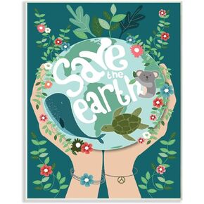 Stupell Industries Save The Earth Quote Whale Turtle Koala Animals Canvas Hannah Heemsbergen Wall Art, 16x20