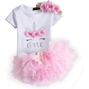 TTYAOVO Baby Girl 1st Birthday 3pcs Unicorn Outfits with Headband & Romper & Skirts Size 1 Year Pink