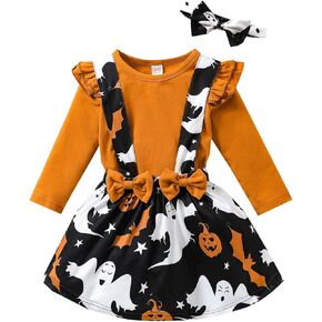 Toddler Baby Girls Halloween Clothing Sets Long Sleeves T-Shirt+ Cartoon Ghost Suspenders Skirt+ Headband Outfits