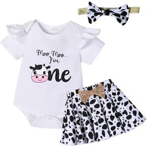 Baby First Birthday Outfit Infant Girl One Year Old Birthday Ruffle Sleeve Romper+Skirt+Headband Set for Photo Shoot
