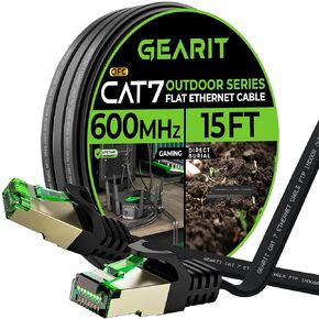 كابل إيثرنت مسطح خارجي من GearIT Cat 7 (15 قدمًا، أسود) سترة LLDPE مصنفة للدفن المباشر - داخلي Cat7 محمي FTP 600 ميجا هرتز 10 جيجابت في الثانية شبكة كمبيوتر ألعاب عالية السرعة RJ45 سلك توصيل بدون تشابك للإنترنت