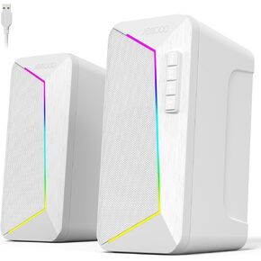 Jeecoo M30 Bluetooth Computer Speakers, PC Gaming Speakers for Desktop with Crisp Stereo Sound, Dynamic LED Modes, Easy-Access Control, 10W - USB-Powered, White
