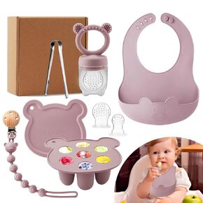 Silicone Baby Fruit Feeder Set with Mini Freedzer Nibble Tray, Breastmilk Popsicle Mold with Baby Bib and Pacifier Clip, BPA Free Teether for Safe Infant Self Feeding, 4 Month+(Sage)