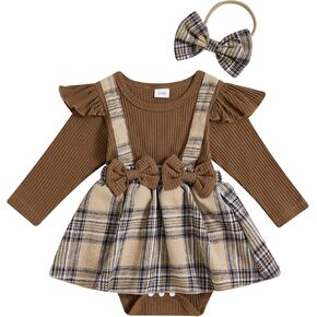 Newborn Baby Girl Romper Fall Winter Outfit Plaid Romper Dress Long Sleeve Ribbed Knit Jumpsuit with Headband