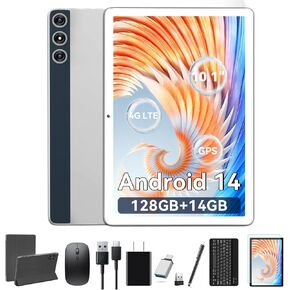 Tablet 10 Inch Android 14 Tablet, Octa-Core 5G WiFi, 4G Cellular Tablet 128GB ROM 14GB RAM, 2024 Newest Tablet with Keyboard Bundle 1TB Expand Android Tablet 13MP+8MP Dual Camera, GPS Tab HD Display