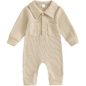 Lesimsam Newborn Baby Boy Waffle Knit Polo Romper Jumpsuit Solid Button Long Sleeve Collared Bodysuit Fall Winter Outfit