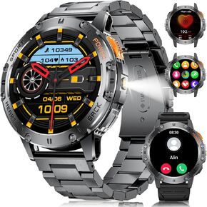 Military Smart Watches for Men(Answer/Make Calls) with LED Flashlight,530mAh Large Battery,1.43’’ AMOLED Heart Rate/Sleep Monitor 5ATM Waterproof Smartwatch for Android iOS,100+Sport Modes,3 Straps