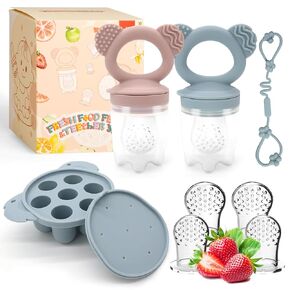 2 Pack Silicone Baby Food Feeders + Mini Freezer Tray for 6 Months+ Infant Solid Food Safe Self Feeding, BPA Free Breastmilk Popsicle Teether Set for Soothe Teething (Blue+Pink)