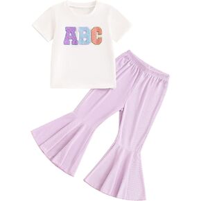 YOKJZJD 2Pcs Toddler Baby Girl Back To School Outfit ABC T-Shirt Bell Bottom Pants Set Summer First Day of School Clothes