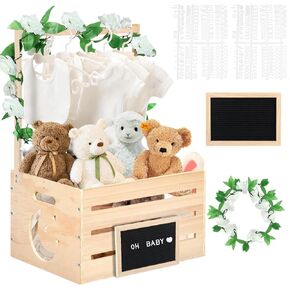 Wooden Baby Shower Crate Closet, Baby Gift Basket with Handle and Felt DIY Blackboard Baby Storage Crate Hamper, Baby Shower Party Decor Newborn Baby Gifts Basket for Pregnancy New Parent ﻿ ﻿