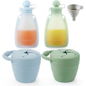 PandaEar 2 Pack Baby Food Pouches & 2 Pack Snack Containers, Reusable Silicone Squeeze Pouches & Collapsible Toddler Snack Cups for Toddler Kids -Blue&Green