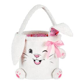 Plush Bunny Easter Basket for Kids, White Fluffy Easter Buckets with Foldable Ear - Easter Rabbit Basket Tote Bags for Egg Hunts, Easter Gifts for Boys Girls