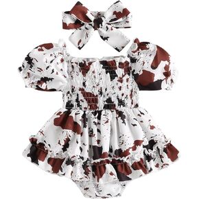 BULINGNA Infant Baby Girls Summer Romper Dress Cow Print Puff Short Sleeve Bodysuit One Piece Jumpsuit Headband 2Pcs Clothes