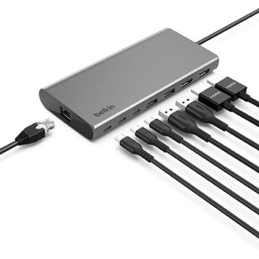 Belkin Connect Universal USB-C 8-in-1 Dual Display Core Hub مع تقنية حركة السيليكون - متوافق مع أجهزة Mac وWindows وChromebook - 100W PD مع سرعات نقل 10 جيجابت في الثانية وإيثرنت 1 جيجابت - فضي