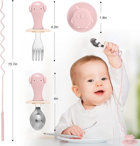 Toddler Utensils, Toddler Fork and Spoon Set Stainless Steel Toddler Silverware Set with Suction and Anti-Dropping Chain, Baby Utensils with Case On-The-Go 2 Pcs Blue in Saudi Arabia