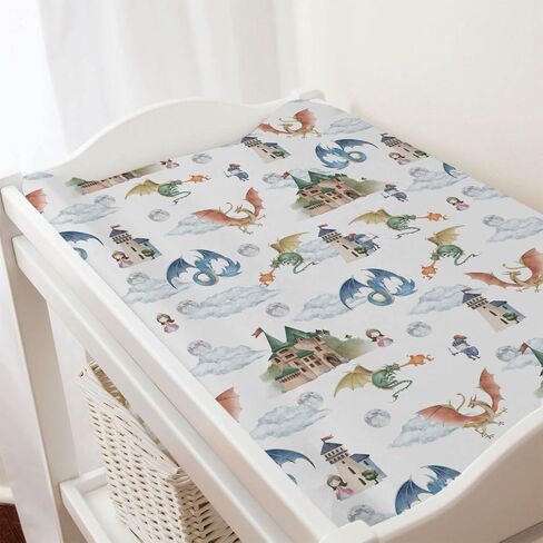 Fairytale Dragons Castle Changing Pad Cover Watercolor Dragon Princess Knight Moon Clouds Baby Diaper Change Table Cover for Boy Girl Soft Stretchy Snug Fitted Changing Table Sheets Mats 32''x16'' in Saudi Arabia