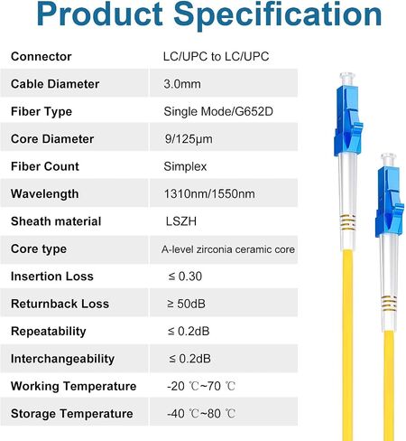 5Pcs 0.3 Meter Fiber Optic Patch Cord LC UPC to LC UPC, Simplex Single Mode Fiber Cable Jumper OS2 G652D 9/125μm, 1310nm/1550nm LSZH 3.0mm in Saudi Arabia