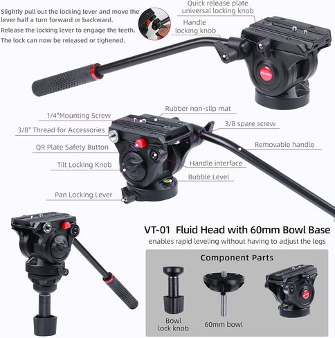 VILTROX Heavy Duty Tripod, 74 Inch Fluid Head Video Tripod, 22lbs Sturdy Heavy-duty Tripod with QR Plate, Hand Bar, Carrying bag, Mid-Level Spreader Travel Tripod for DSLR Camcorder (VX-18M II) in Saudi Arabia