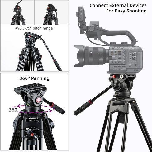 VILTROX Heavy Duty Tripod, 74 Inch Fluid Head Video Tripod, 22lbs Sturdy Heavy-duty Tripod with QR Plate, Hand Bar, Carrying bag, Mid-Level Spreader Travel Tripod for DSLR Camcorder (VX-18M II) in Saudi Arabia