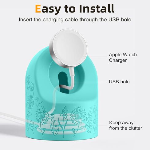 Floral Charger Stand Compatible with Apple Watch Series 9/8/SE2/SE/Ultra2/Ultra/7/6/5/4/3/2/1 (49mm 45mm 44mm 42mm 41mm 40mm 38mm), Silicone Charger Stand, Supports Nightstand Mode, Black in Kuwait