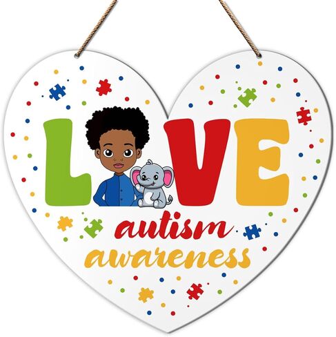 الوعي بالتوحد الصبي الأسود جدار الباب علامة، ملهمة التوحد علامة الحضانة المنزل مدرسة طفل أطفال غرفة نوم الخشب شنقا جدار ديكور علامة، الهدايا التحفيزية للطفل التوحد، الحب الوعي بالتوحد in Kuwait