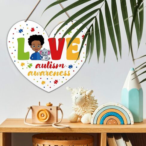 الوعي بالتوحد الصبي الأسود جدار الباب علامة، ملهمة التوحد علامة الحضانة المنزل مدرسة طفل أطفال غرفة نوم الخشب شنقا جدار ديكور علامة، الهدايا التحفيزية للطفل التوحد، الحب الوعي بالتوحد in Kuwait