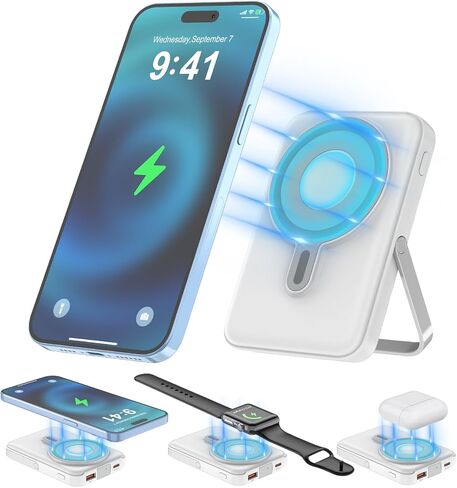 Wireless Portable Charger,3-in-1 Magnetic Power Bank 10000mAh with LED Display,22.5W Fast Charging Mag-Safe Battery Pack,Compatible with iPhone 15/14/13/12, Apple Watch Series, Airpods (Black) in Saudi Arabia