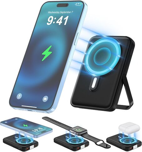 Wireless Portable Charger,3-in-1 Magnetic Power Bank 10000mAh with LED Display,22.5W Fast Charging Mag-Safe Battery Pack,Compatible with iPhone 15/14/13/12, Apple Watch Series, Airpods (Black) in Saudi Arabia