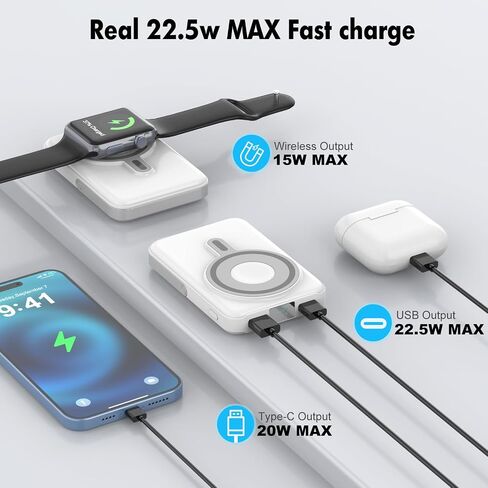 Wireless Portable Charger,3-in-1 Magnetic Power Bank 10000mAh with LED Display,22.5W Fast Charging Mag-Safe Battery Pack,Compatible with iPhone 15/14/13/12, Apple Watch Series, Airpods (Black) in Saudi Arabia