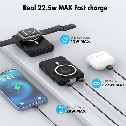 Wireless Portable Charger,3-in-1 Magnetic Power Bank 10000mAh with LED Display,22.5W Fast Charging Mag-Safe Battery Pack,Compatible with iPhone 15/14/13/12, Apple Watch Series, Airpods (Black) in Saudi Arabia