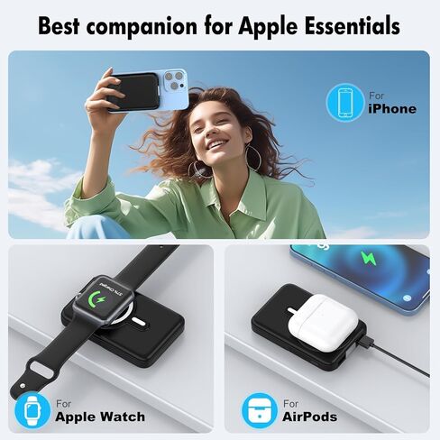 Wireless Portable Charger,3-in-1 Magnetic Power Bank 10000mAh with LED Display,22.5W Fast Charging Mag-Safe Battery Pack,Compatible with iPhone 15/14/13/12, Apple Watch Series, Airpods (Black) in Saudi Arabia