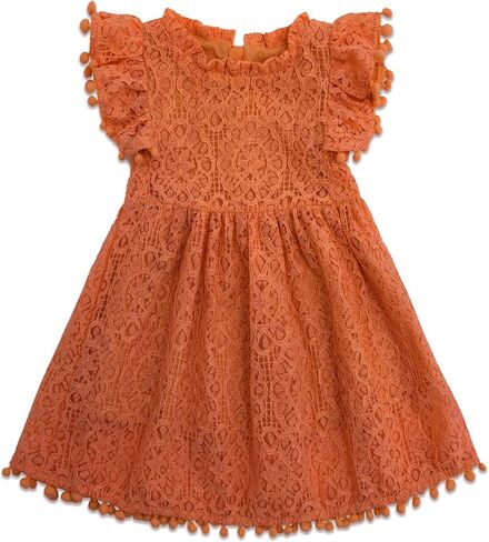 Toddler Girls Lace Dress Pom Pom Ruffle Sleeve Kids Party Birthday Princess Dresses for Age 12 Months-5 Years in Saudi Arabia