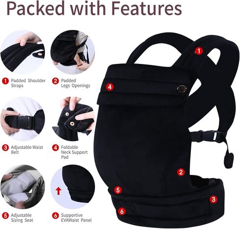 Baby Carrier Newborn to Toddler - Ergonomic,Velvet Fabric Breathable Mesh Cozy and Lightweight Infant Carrier for 7-35lbs,Enhanced Lumbar Support Hands-Free Parenting,All Seasons,Black in Saudi Arabia