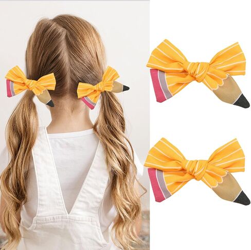 2PCS Back to School Hair Bows Clips The Hand Painted Yellow Pencil Hair Clips with Stripe Design Hairgrips for First Day of School Welcome to School Students Hair Accessories(Big) in Saudi Arabia