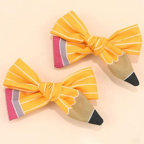 2PCS Back to School Hair Bows Clips The Hand Painted Yellow Pencil Hair Clips with Stripe Design Hairgrips for First Day of School Welcome to School Students Hair Accessories(Big) in Saudi Arabia
