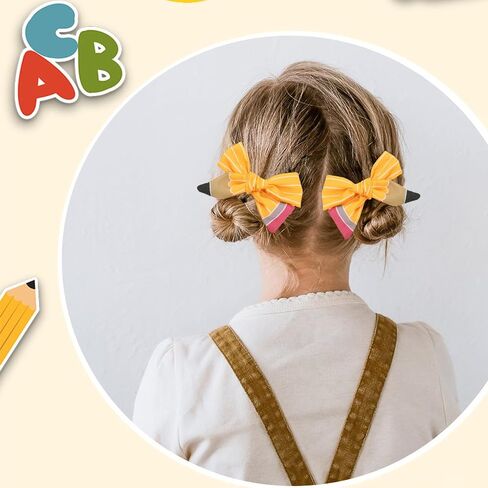 2PCS Back to School Hair Bows Clips The Hand Painted Yellow Pencil Hair Clips with Stripe Design Hairgrips for First Day of School Welcome to School Students Hair Accessories(Big) in Saudi Arabia