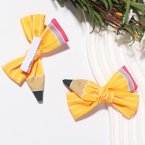 2PCS Back to School Hair Bows Clips The Hand Painted Yellow Pencil Hair Clips with Stripe Design Hairgrips for First Day of School Welcome to School Students Hair Accessories(Big) in Saudi Arabia