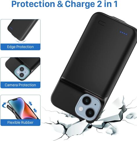 حافظة شحن بطارية لهاتف iPhone 14Plus (6.7 بوصة)، حافظة شاحن محمولة قوية قابلة لإعادة الشحن بقدرة 6800 مللي أمبير في الساعة لهاتف iPhone 14Plus - أسود in Kuwait