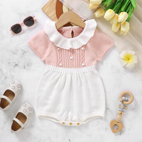Baby Girl Romper Ruffle Neck Short Sleeve Pompoms Knit Rompers Newborn Infant Jumpsuit Summer Outfits Clothes in Saudi Arabia
