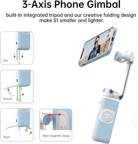 PowerVision S1,Smartphone Gimbal - Portable, Wireless Charging, 3-Axis Stabilization, Face Tracking, Gesture Control, Anti-Shake, Compatible with YouTube/TikTok/Vlogging (Car Mount Kit, Black) in Saudi Arabia