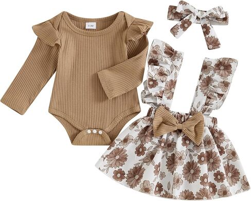 Baby Girl Clothes Fall Cute Skirt Outfits Long Sleeve Romper Floral Overall Skirt Dress Bow 3PCS Outfit in Kuwait