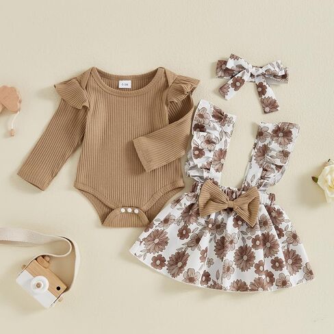 Baby Girl Clothes Fall Cute Skirt Outfits Long Sleeve Romper Floral Overall Skirt Dress Bow 3PCS Outfit in Kuwait