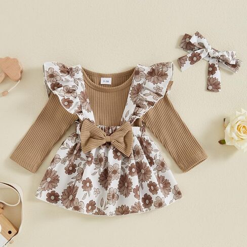 Baby Girl Clothes Fall Cute Skirt Outfits Long Sleeve Romper Floral Overall Skirt Dress Bow 3PCS Outfit in Kuwait