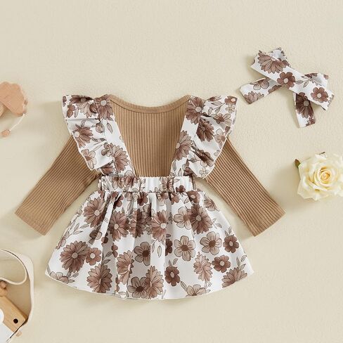 Baby Girl Clothes Fall Cute Skirt Outfits Long Sleeve Romper Floral Overall Skirt Dress Bow 3PCS Outfit in Kuwait