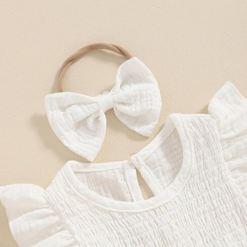 Newborn Infant Baby Girl Cotton Linen Romper Flying Sleeve Smocked Bubble Romper Onesie with Headband Clothes in Saudi Arabia
