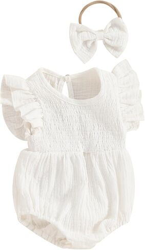 Newborn Infant Baby Girl Cotton Linen Romper Flying Sleeve Smocked Bubble Romper Onesie with Headband Clothes in Saudi Arabia