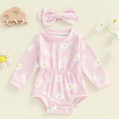 Karwuiio Newborn Baby Girl Fall Outfits Long Sleeve Ribbed Knit Jumpsuit Romper with Headband Infant Clothes Sets in Saudi Arabia